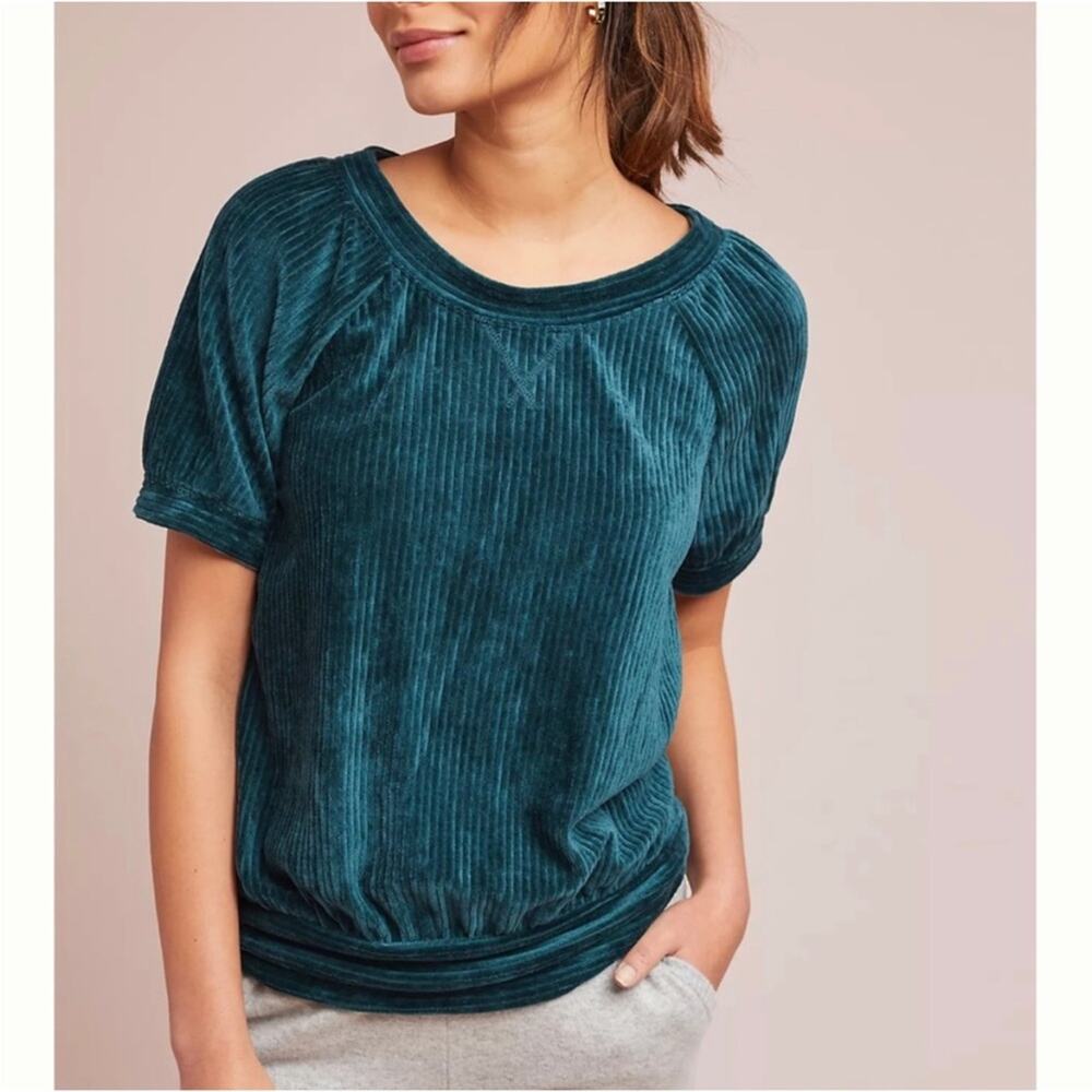 Anthropologie Saturday Sunday teal green ribbed velvet corduroy short sleeve top